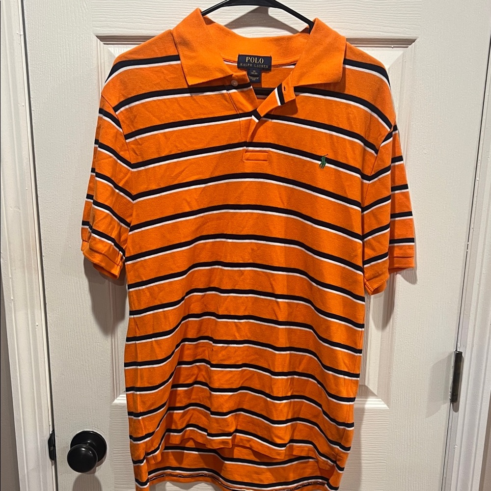 Polo by Ralph Lauren boys 18-20 XL  Orange and navy Striped Polo Shirt like new